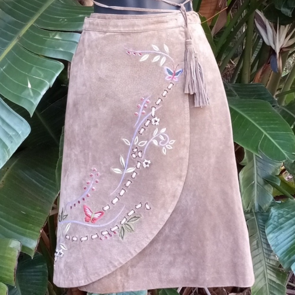 - Embroidered suede wrap Festival skirt